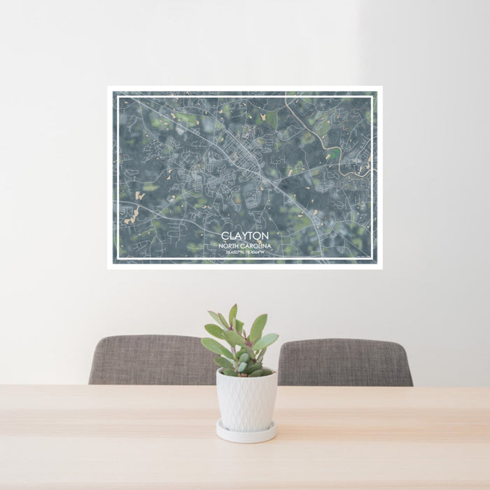 24x36 Clayton North Carolina Map Print Lanscape Orientation in Afternoon Style Behind 2 Chairs Table and Potted Plant