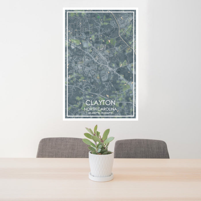 24x36 Clayton North Carolina Map Print Portrait Orientation in Afternoon Style Behind 2 Chairs Table and Potted Plant