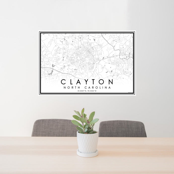 24x36 Clayton North Carolina Map Print Lanscape Orientation in Classic Style Behind 2 Chairs Table and Potted Plant
