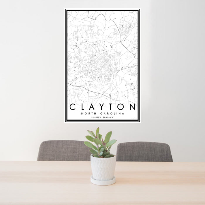 24x36 Clayton North Carolina Map Print Portrait Orientation in Classic Style Behind 2 Chairs Table and Potted Plant