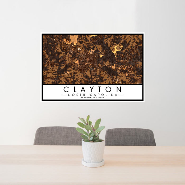 24x36 Clayton North Carolina Map Print Lanscape Orientation in Ember Style Behind 2 Chairs Table and Potted Plant