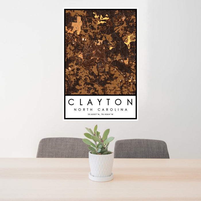 24x36 Clayton North Carolina Map Print Portrait Orientation in Ember Style Behind 2 Chairs Table and Potted Plant