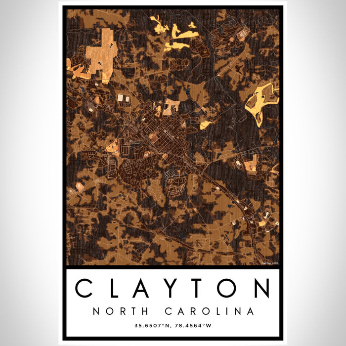 Clayton North Carolina Map Print Portrait Orientation in Ember Style With Shaded Background