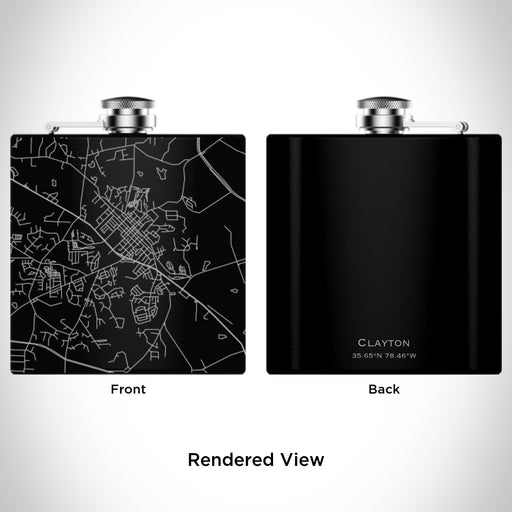Rendered View of Clayton North Carolina Map Engraving on 6oz Stainless Steel Flask in Black