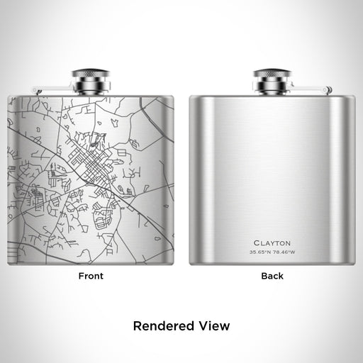 Rendered View of Clayton North Carolina Map Engraving on 6oz Stainless Steel Flask