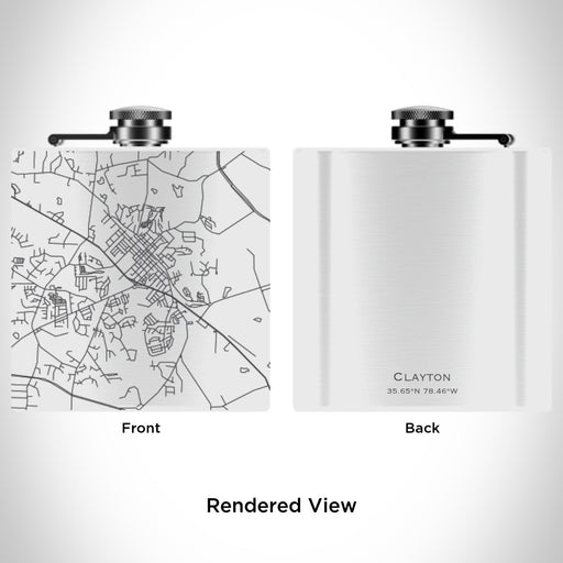 Rendered View of Clayton North Carolina Map Engraving on 6oz Stainless Steel Flask in White