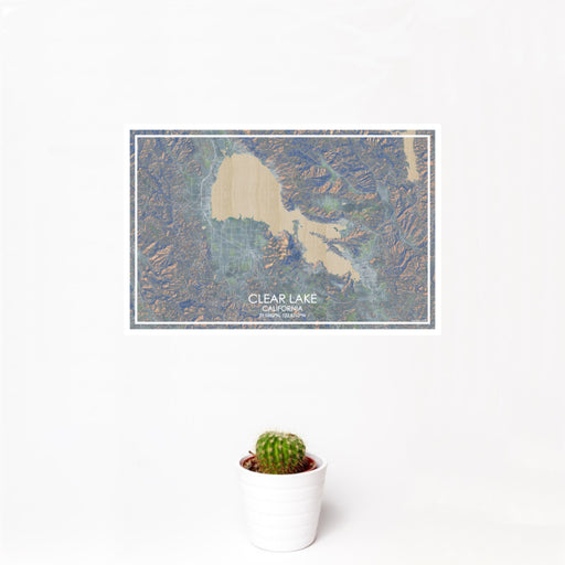 12x18 Clear Lake California Map Print Landscape Orientation in Afternoon Style With Small Cactus Plant in White Planter