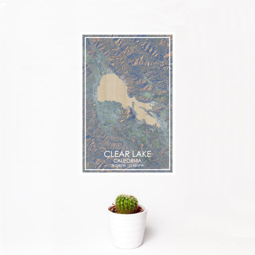 12x18 Clear Lake California Map Print Portrait Orientation in Afternoon Style With Small Cactus Plant in White Planter