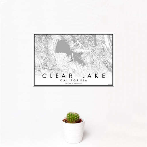 12x18 Clear Lake California Map Print Landscape Orientation in Classic Style With Small Cactus Plant in White Planter