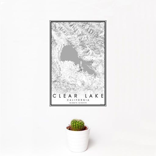 12x18 Clear Lake California Map Print Portrait Orientation in Classic Style With Small Cactus Plant in White Planter