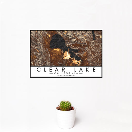 12x18 Clear Lake California Map Print Landscape Orientation in Ember Style With Small Cactus Plant in White Planter