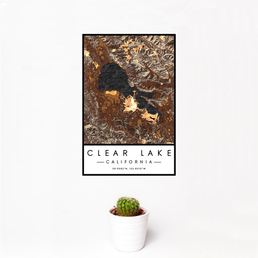 12x18 Clear Lake California Map Print Portrait Orientation in Ember Style With Small Cactus Plant in White Planter