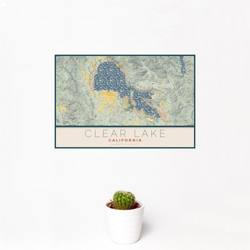 12x18 Clear Lake California Map Print Landscape Orientation in Woodblock Style With Small Cactus Plant in White Planter