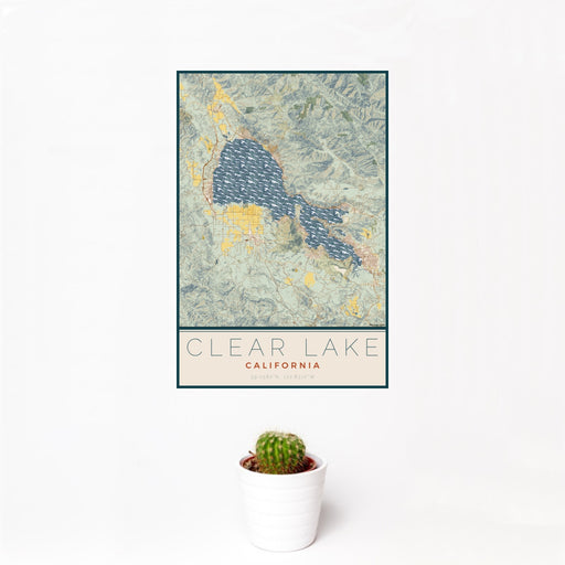 12x18 Clear Lake California Map Print Portrait Orientation in Woodblock Style With Small Cactus Plant in White Planter