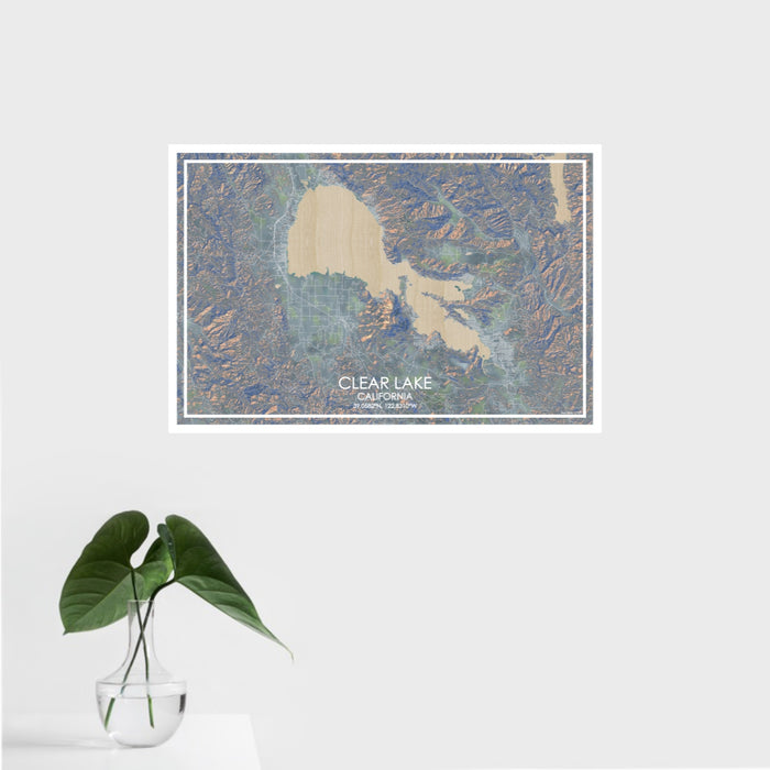 16x24 Clear Lake California Map Print Landscape Orientation in Afternoon Style With Tropical Plant Leaves in Water