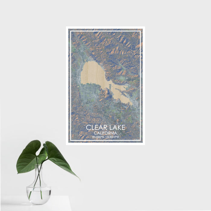 16x24 Clear Lake California Map Print Portrait Orientation in Afternoon Style With Tropical Plant Leaves in Water