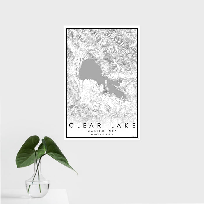 16x24 Clear Lake California Map Print Portrait Orientation in Classic Style With Tropical Plant Leaves in Water
