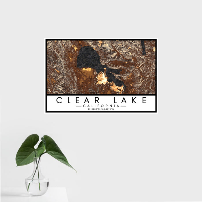 16x24 Clear Lake California Map Print Landscape Orientation in Ember Style With Tropical Plant Leaves in Water