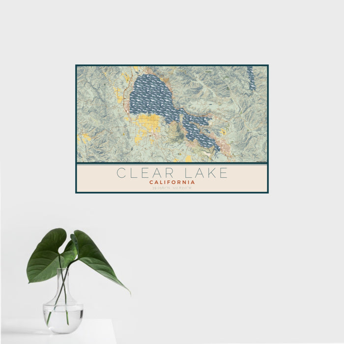 16x24 Clear Lake California Map Print Landscape Orientation in Woodblock Style With Tropical Plant Leaves in Water