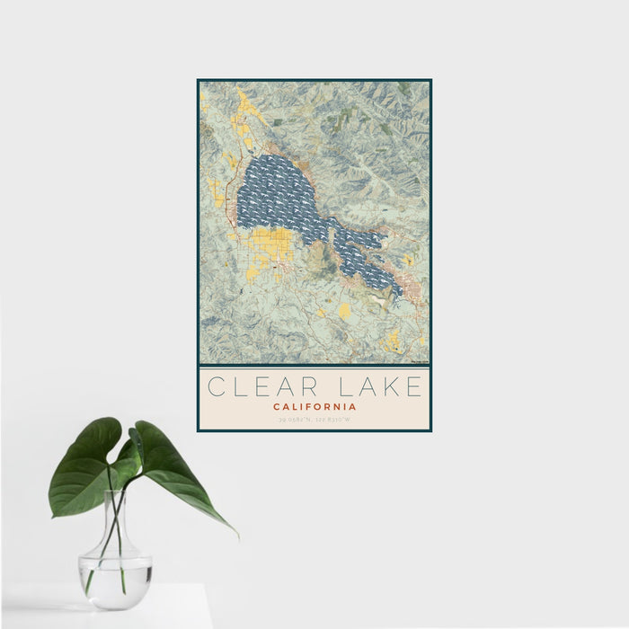 16x24 Clear Lake California Map Print Portrait Orientation in Woodblock Style With Tropical Plant Leaves in Water