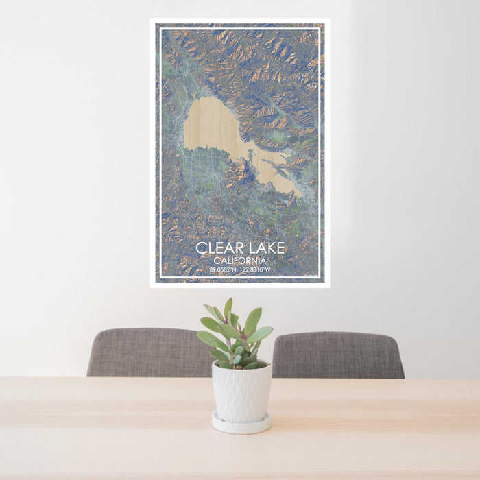 24x36 Clear Lake California Map Print Portrait Orientation in Afternoon Style Behind 2 Chairs Table and Potted Plant