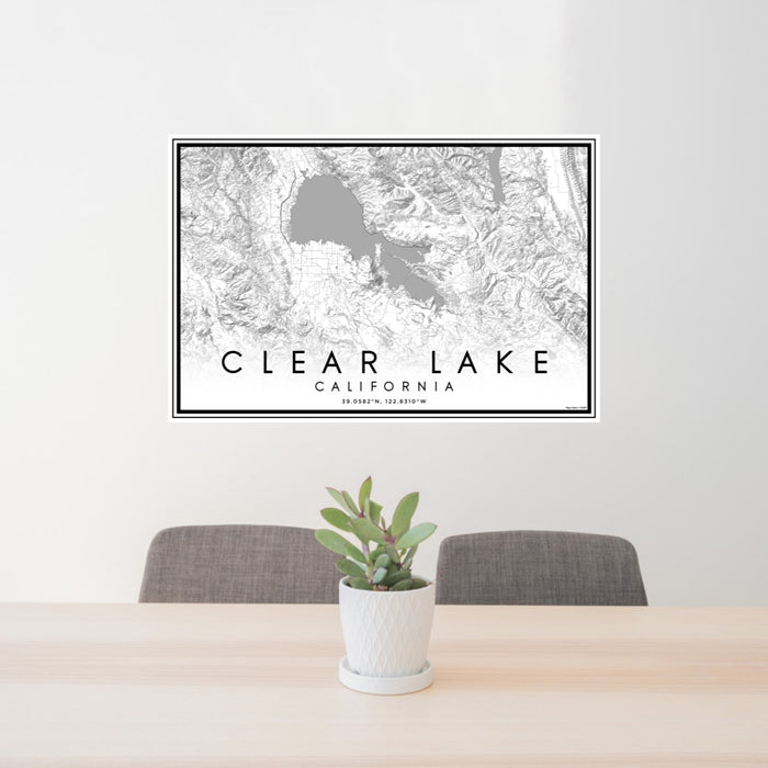24x36 Clear Lake California Map Print Lanscape Orientation in Classic Style Behind 2 Chairs Table and Potted Plant