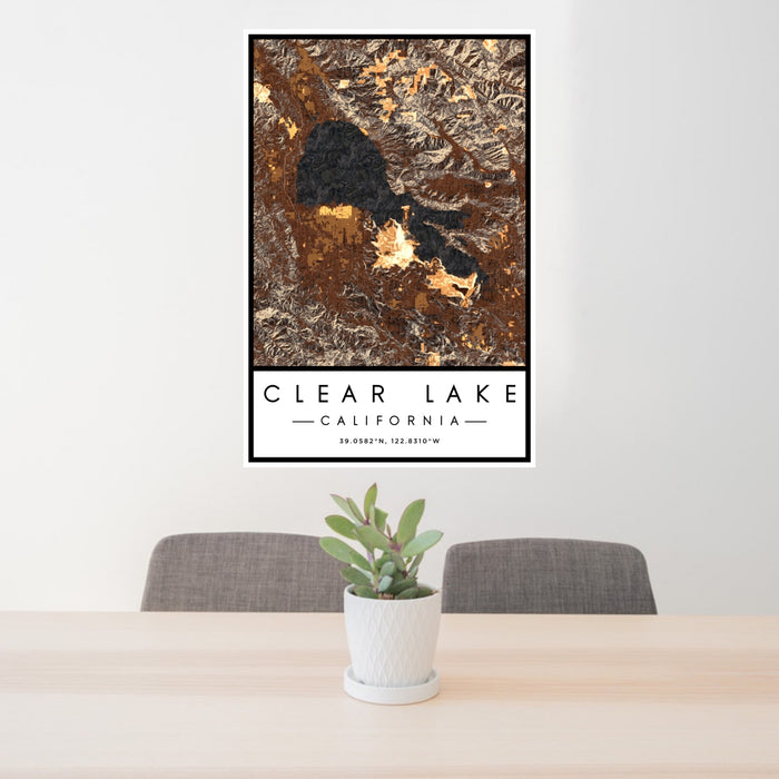 24x36 Clear Lake California Map Print Portrait Orientation in Ember Style Behind 2 Chairs Table and Potted Plant