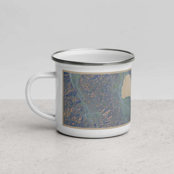 Left View Custom Clear Lake California Map Enamel Mug in Afternoon