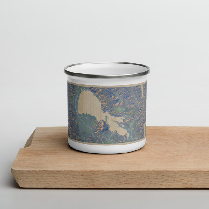 Front View Custom Clear Lake California Map Enamel Mug in Afternoon on Cutting Board
