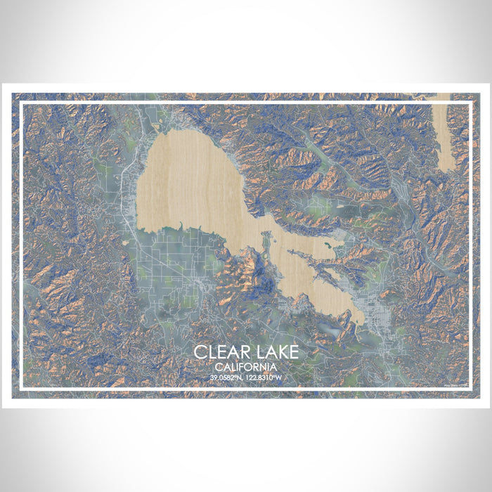 Clear Lake California Map Print Landscape Orientation in Afternoon Style With Shaded Background