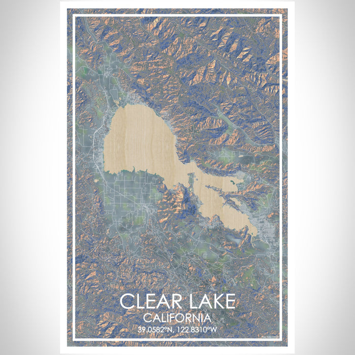 Clear Lake California Map Print Portrait Orientation in Afternoon Style With Shaded Background