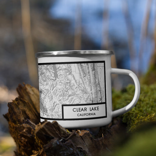 Right View Custom Clear Lake California Map Enamel Mug in Classic on Grass With Trees in Background