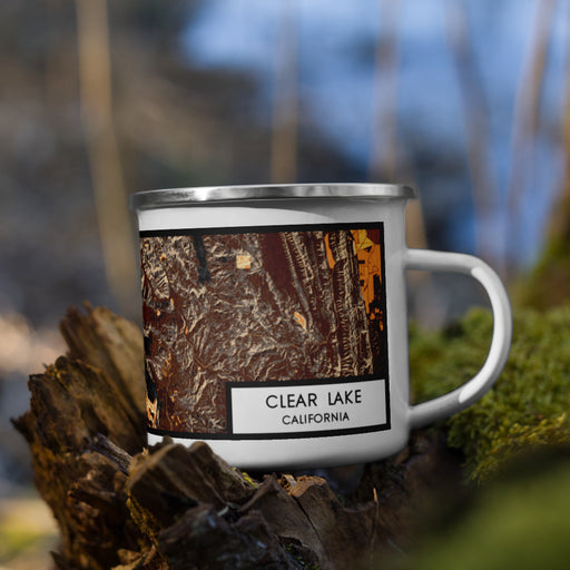 Right View Custom Clear Lake California Map Enamel Mug in Ember on Grass With Trees in Background