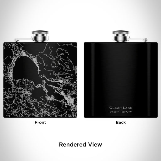 Rendered View of Clear Lake California Map Engraving on 6oz Stainless Steel Flask in Black