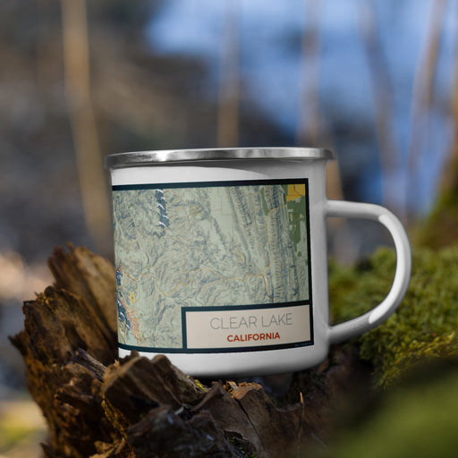 Right View Custom Clear Lake California Map Enamel Mug in Woodblock on Grass With Trees in Background