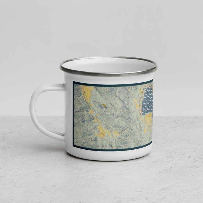 Left View Custom Clear Lake California Map Enamel Mug in Woodblock