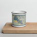 Front View Custom Clear Lake California Map Enamel Mug in Woodblock on Cutting Board