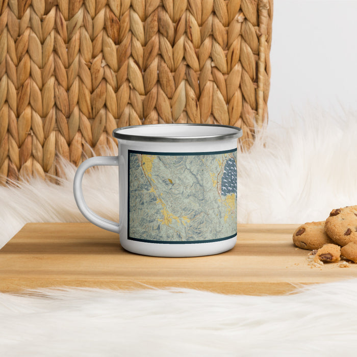Left View Custom Clear Lake California Map Enamel Mug in Woodblock on Table Top