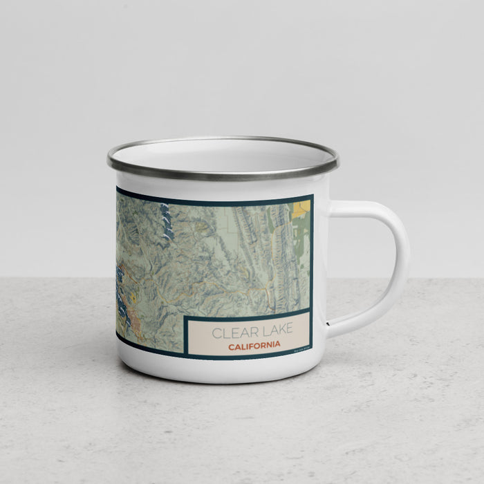 Right View Custom Clear Lake California Map Enamel Mug in Woodblock