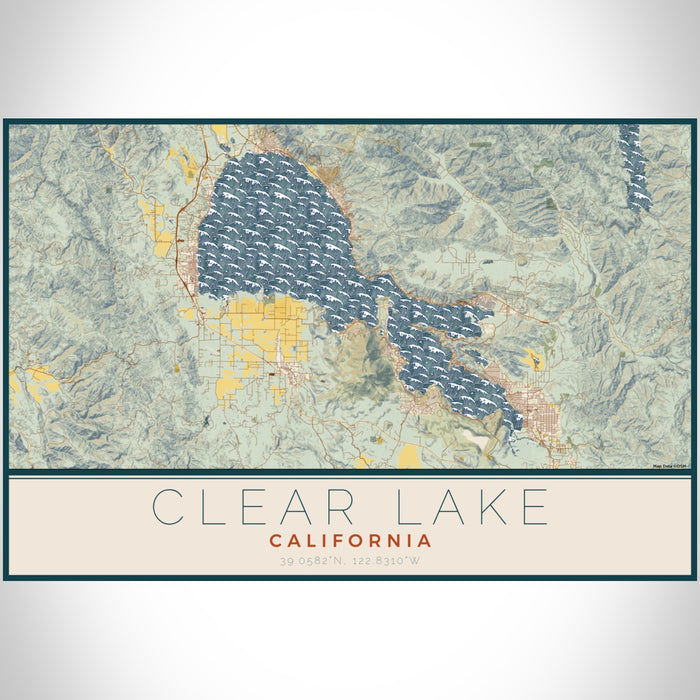 Clear Lake California Map Print Landscape Orientation in Woodblock Style With Shaded Background