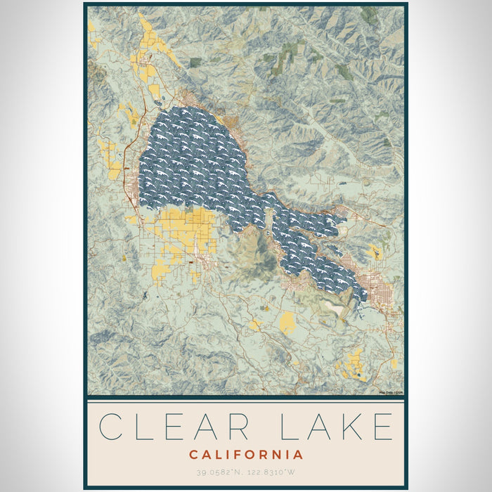 Clear Lake California Map Print Portrait Orientation in Woodblock Style With Shaded Background