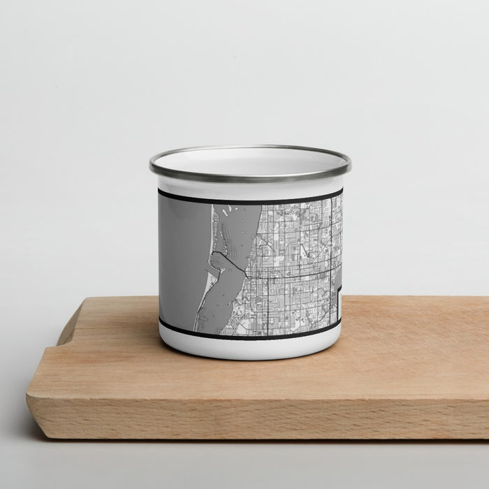 Front View Custom Clearwater Florida Map Enamel Mug in Classic on Cutting Board