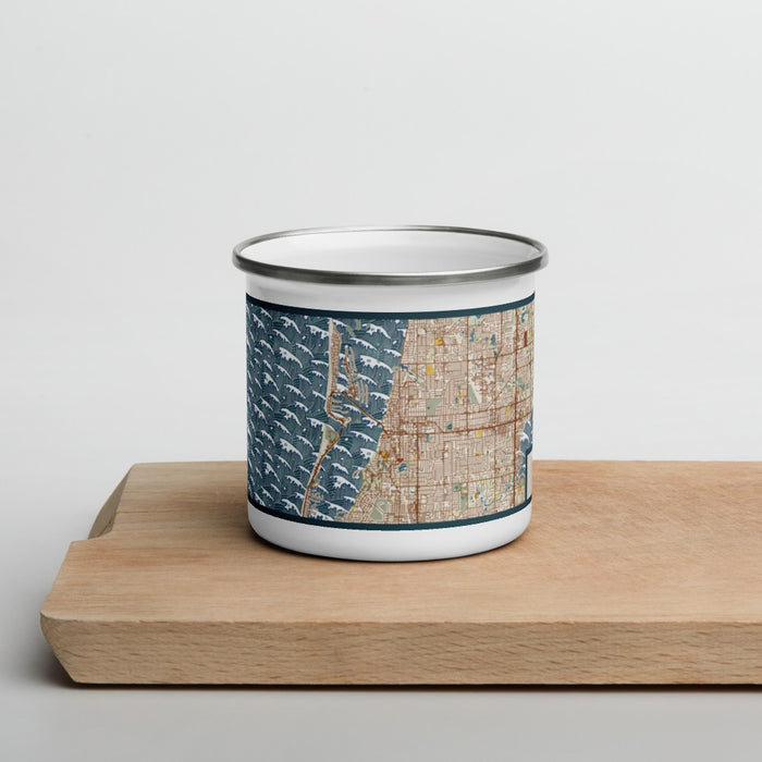 Front View Custom Clearwater Florida Map Enamel Mug in Woodblock on Cutting Board