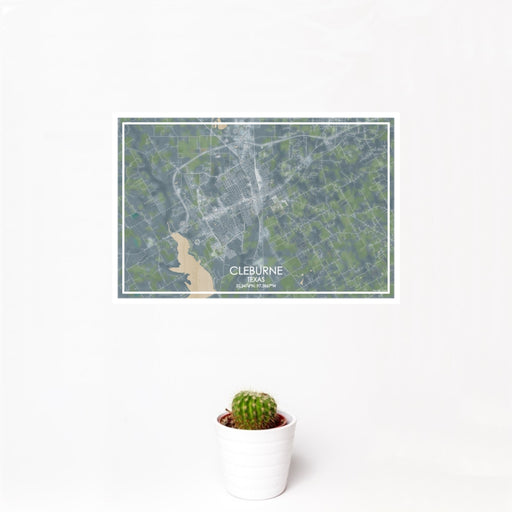 12x18 Cleburne Texas Map Print Landscape Orientation in Afternoon Style With Small Cactus Plant in White Planter