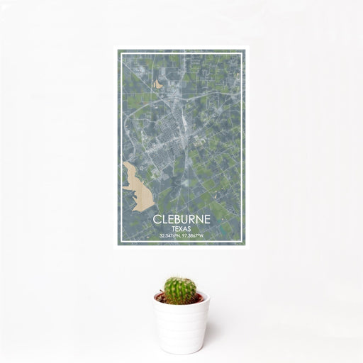 12x18 Cleburne Texas Map Print Portrait Orientation in Afternoon Style With Small Cactus Plant in White Planter