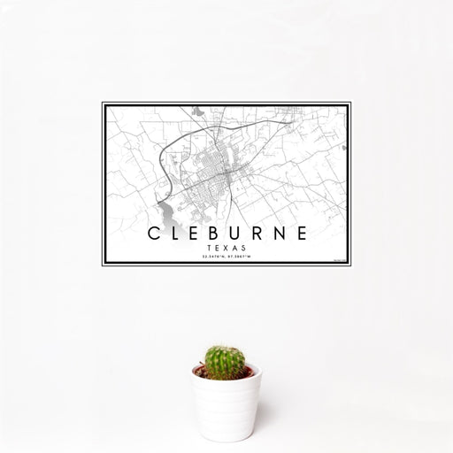 12x18 Cleburne Texas Map Print Landscape Orientation in Classic Style With Small Cactus Plant in White Planter