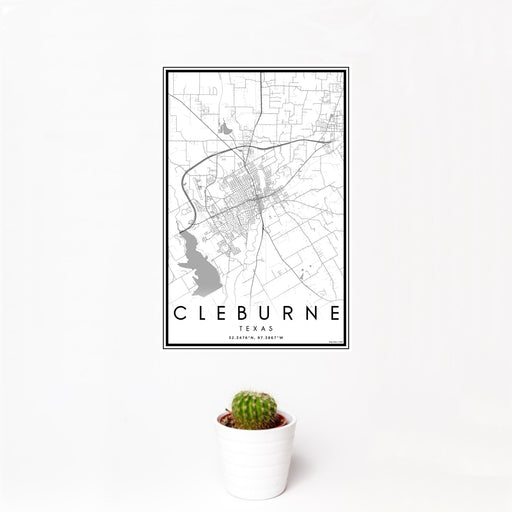 12x18 Cleburne Texas Map Print Portrait Orientation in Classic Style With Small Cactus Plant in White Planter