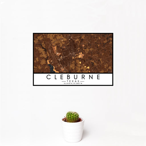 12x18 Cleburne Texas Map Print Landscape Orientation in Ember Style With Small Cactus Plant in White Planter