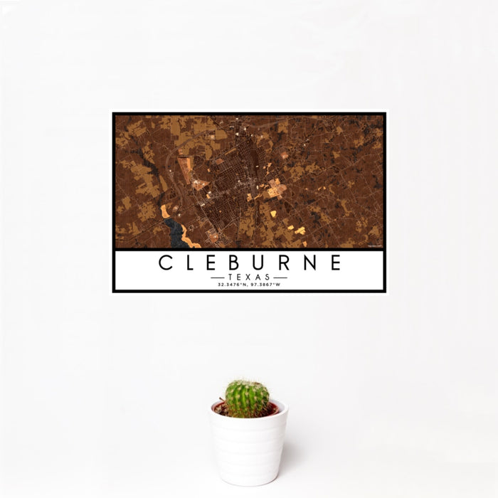 12x18 Cleburne Texas Map Print Landscape Orientation in Ember Style With Small Cactus Plant in White Planter