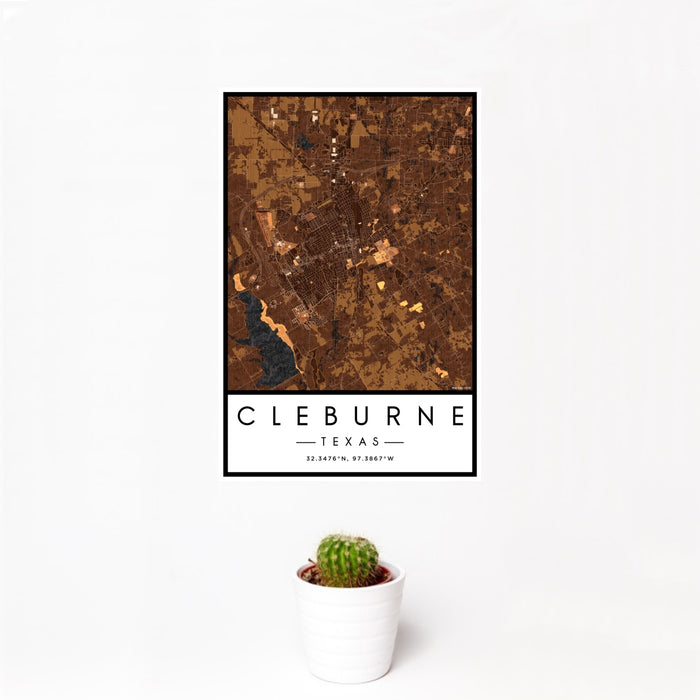 12x18 Cleburne Texas Map Print Portrait Orientation in Ember Style With Small Cactus Plant in White Planter